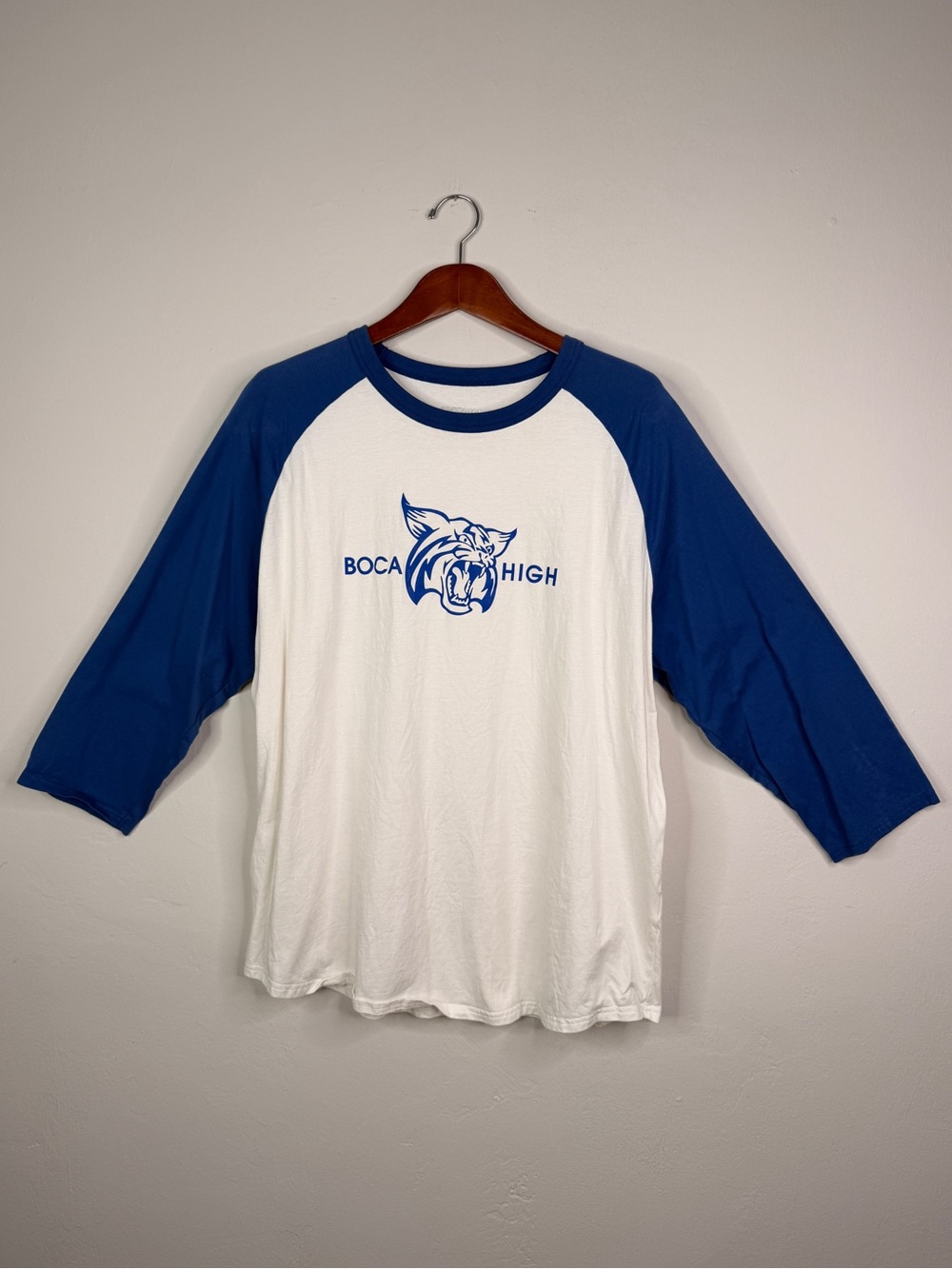 Boca High Wildcats Raglan Baseball Tee XL Blue White Graphic T Shirt
